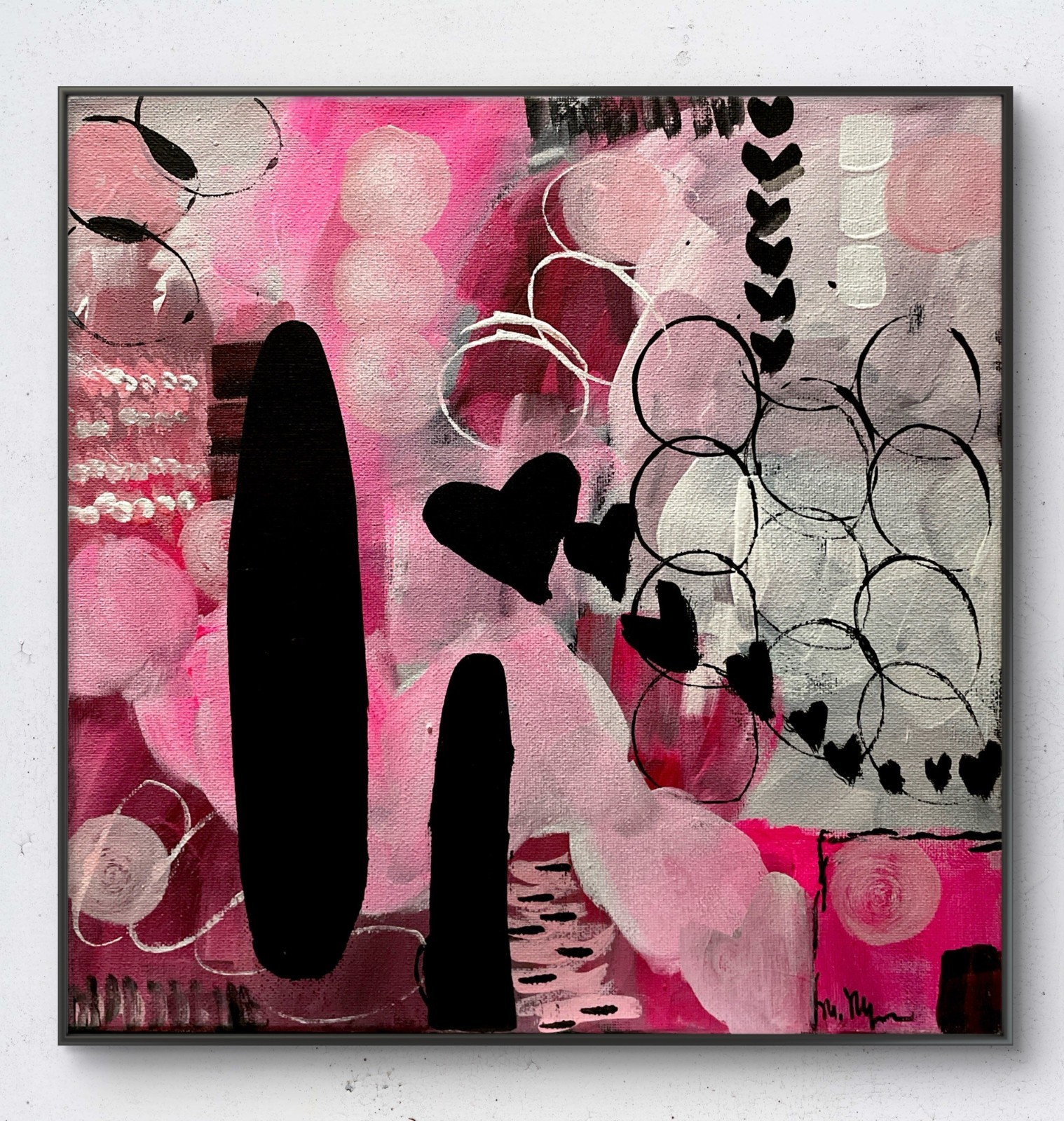 Vibrant Abstract Mary Myers Original Acrylic Layered Hot Pink Black Shapes
