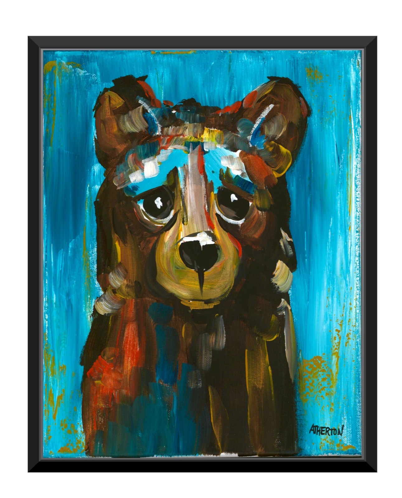 11×14 Original Bear Painting Colorful Cub Bear Portrait Folk Art Wildlife Cyan
