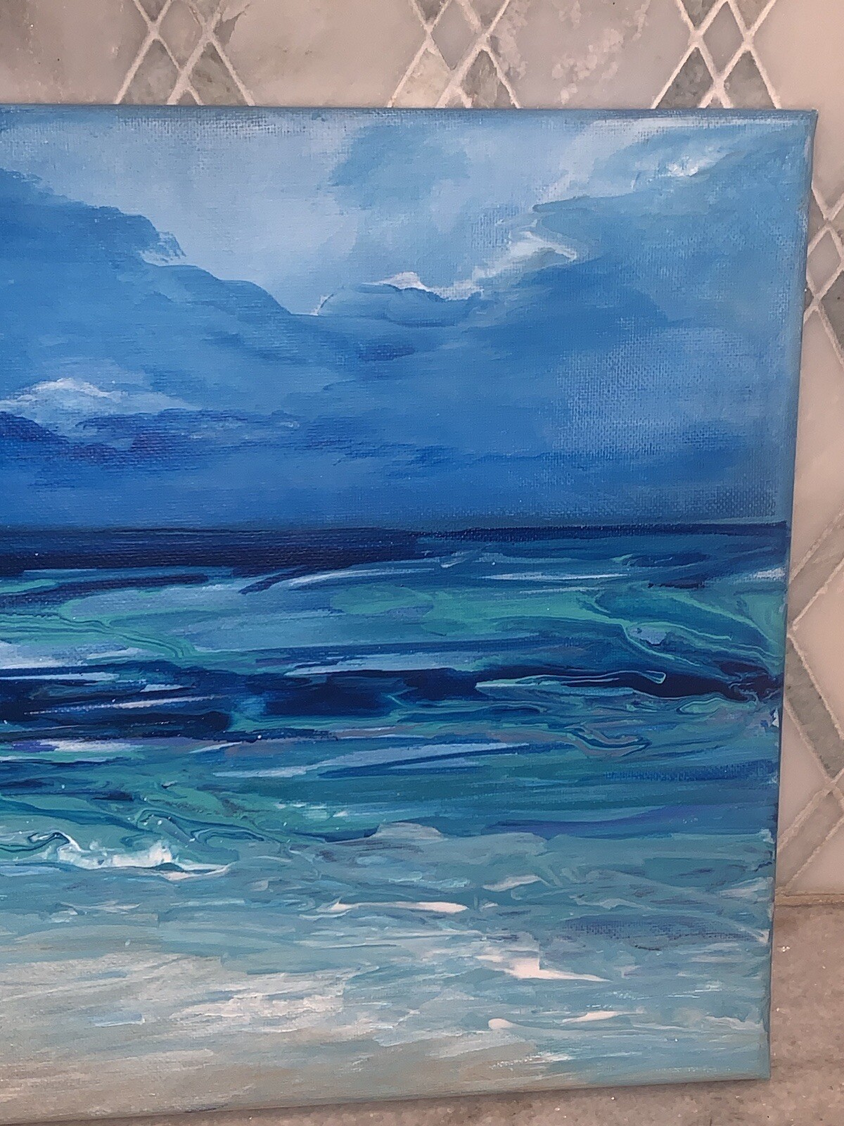 Original Modern Impressionist Oceanscape Beach Shades Of Blue Wht Canvas 11”x14”