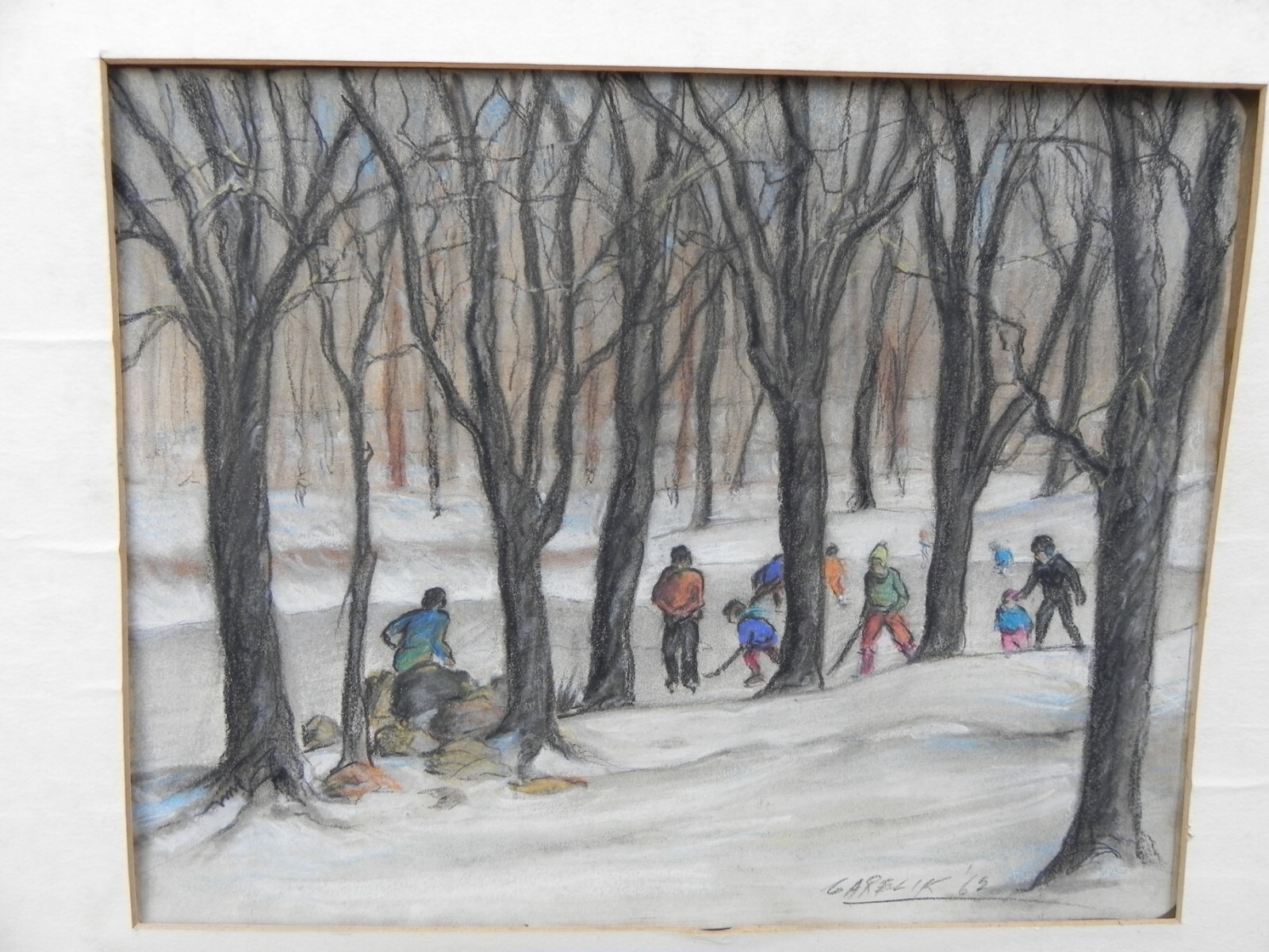 Pastel painting 1965 hockey players on the ice in a park setting signed Garelik