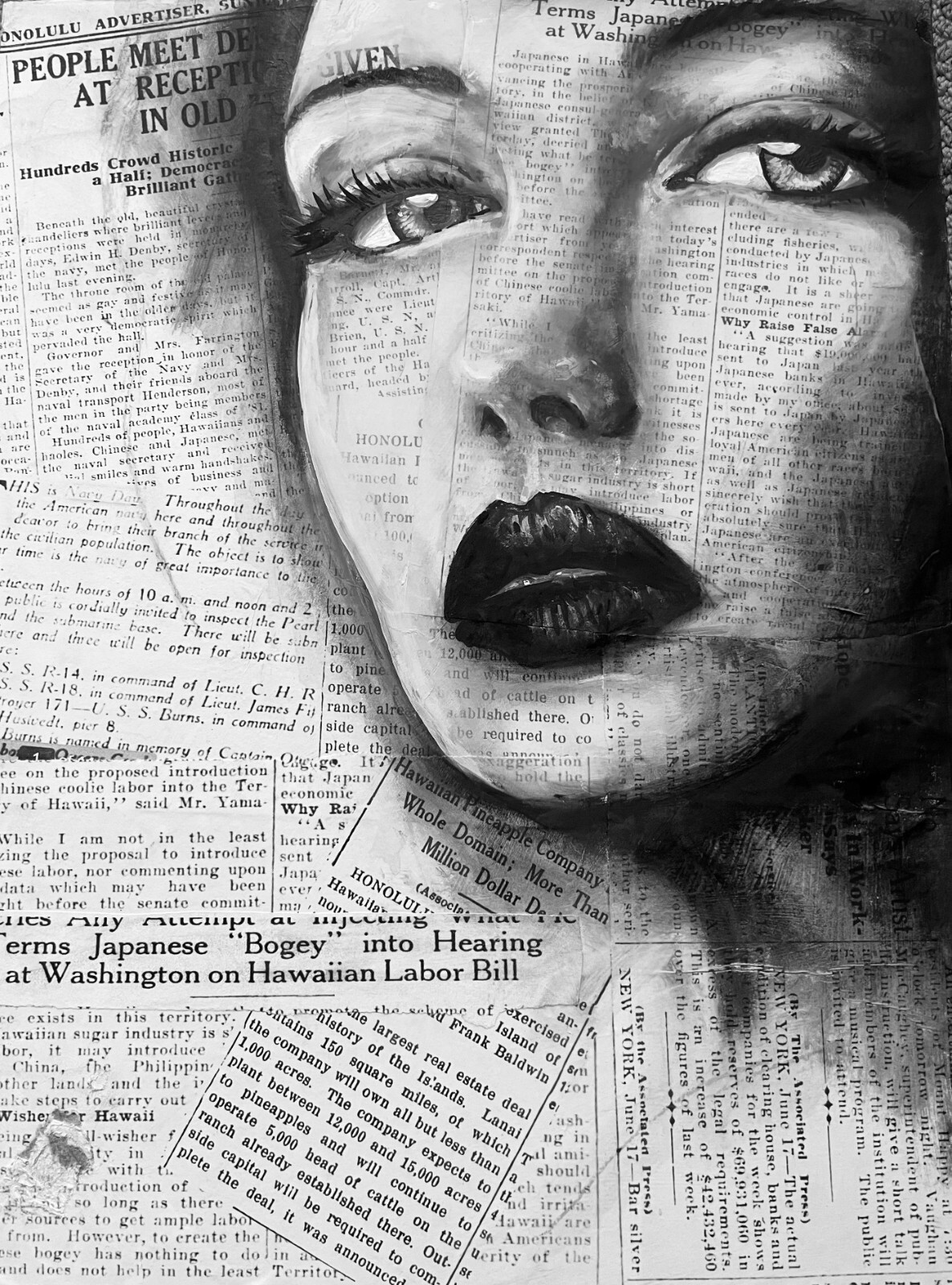 ‘Woman on Print» Original Mixed media on Board, 12 x 16″ ready to hang!