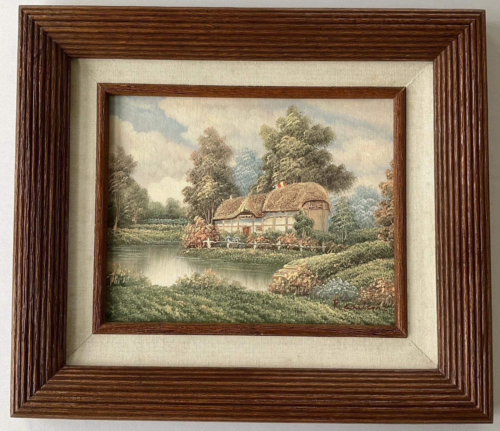 Vintage P. Wilson Signed Oil Painting English Cottage Summer Pond Framed 15×13″