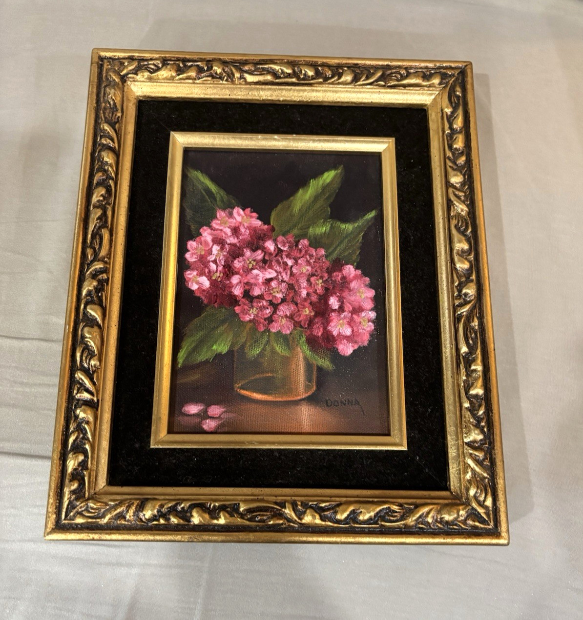 Vintage Bright Pink Hydranges 5×7 Canvas Gold Frame 10 1/2″x 9 1/2″ Painting
