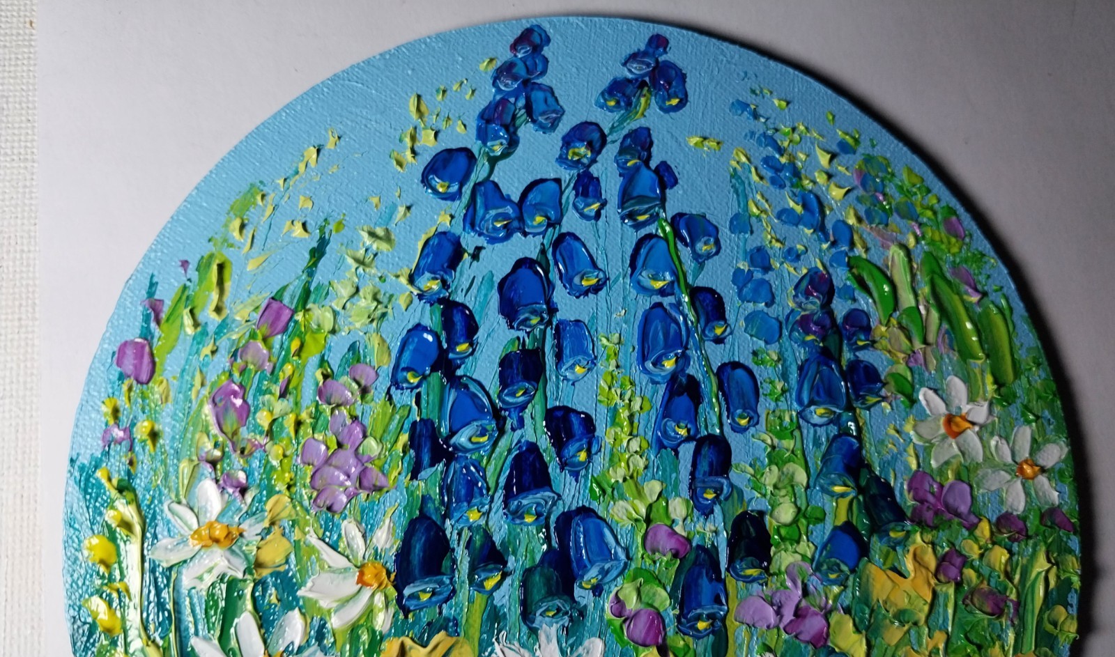 Meadow Flowers Daisies Bells Art Round Canvas 6×6” Impasto Oil Painting Original