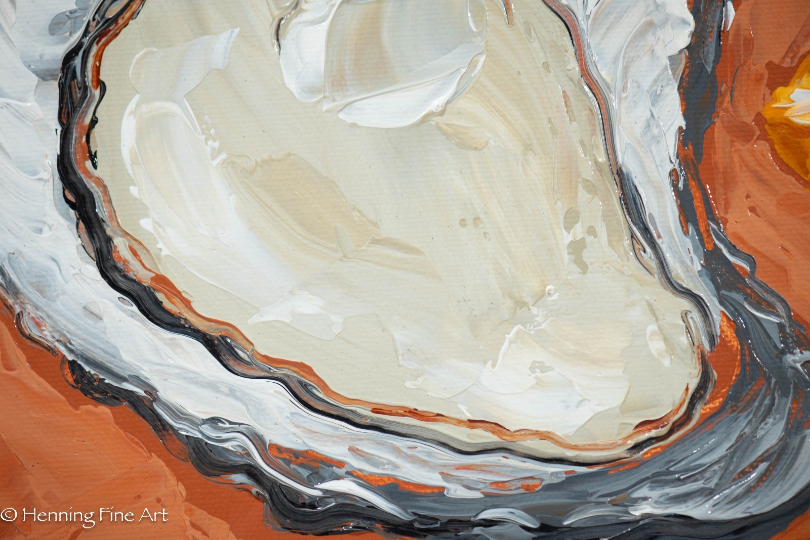 Beautiful Contemporary Impressionist Painting of Oyster and Orange Cary Chun Lee