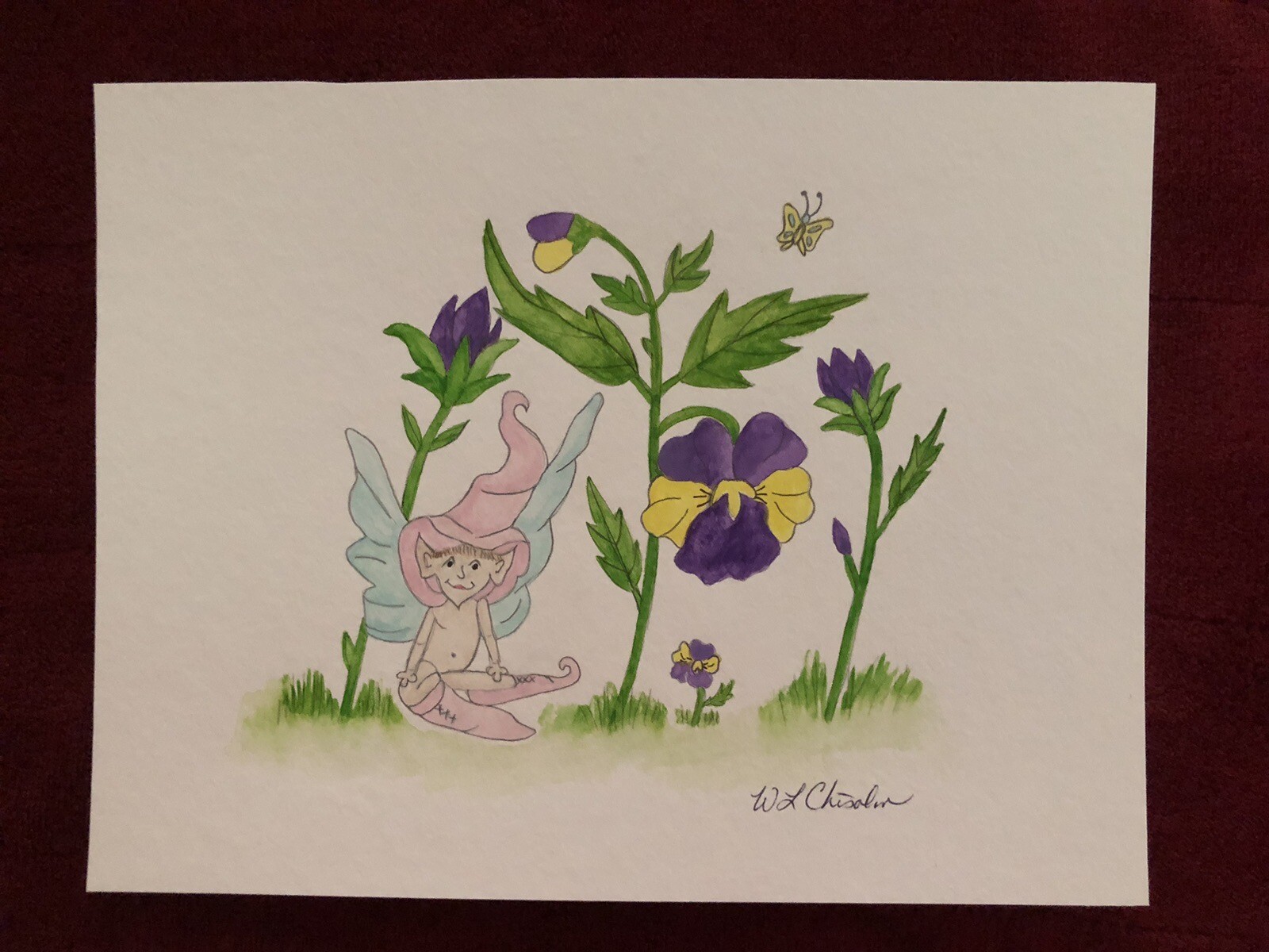 Elf Watercolor Print-Sitting With Pansies – 8 1/2″ x 11″ Print