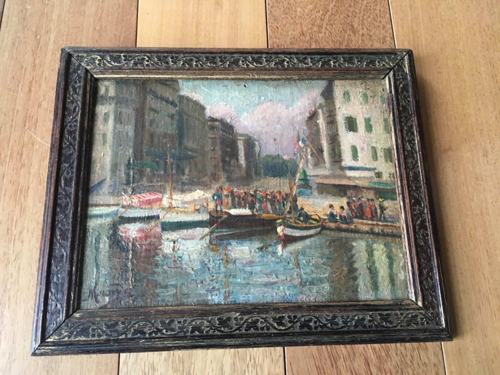 Antique Spain Basque seaport scene OIL ON PANEL Garcia Y Menendez signed