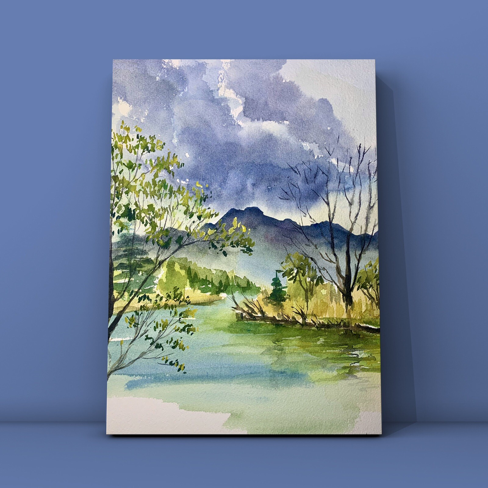 Original Watercolour Painting, Mountains Landscape with River, Wall Art Gift Idea