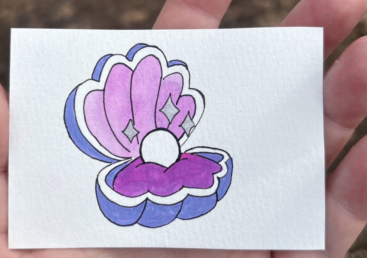Original Art ACEO ATC Miniature Watercolor Clam Pearl Beach Shell Ocean Purple