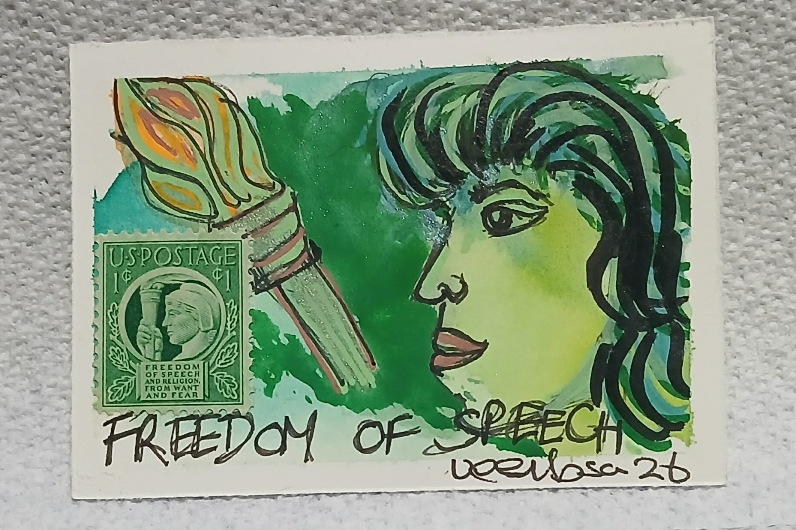 1¢ Freedom of Speech Postal Whimsy OOAK ACEO Watercolor Scribble by Virginia