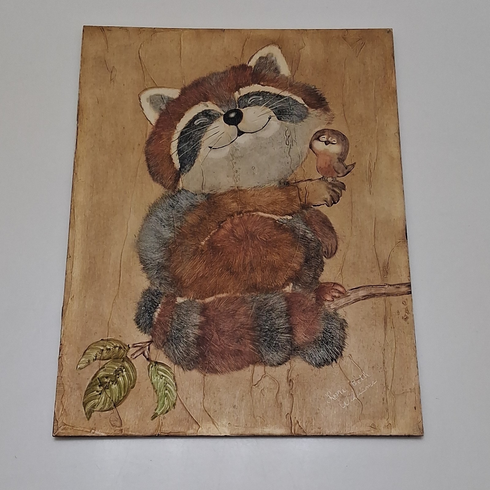 Lori Beth Williams Original Folk Art Painting Raccoon Bird Small Wood Unframed