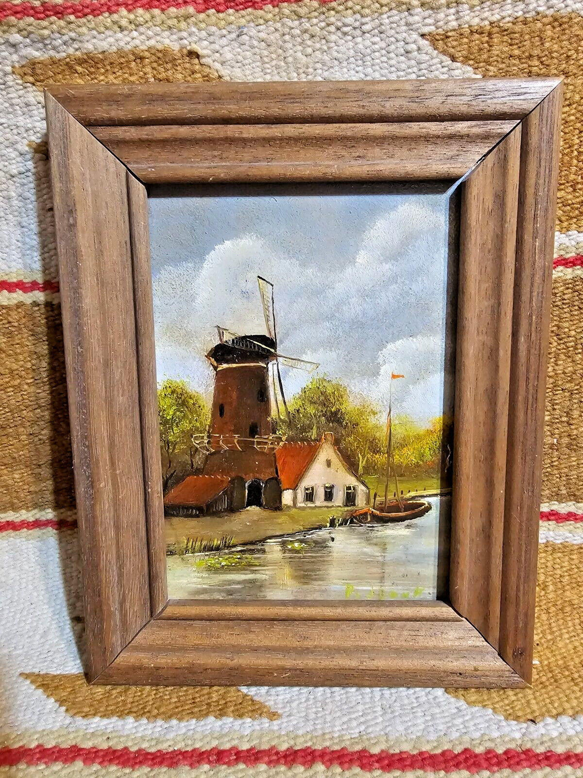 SWEET SMALL & PRETTY O/B PAINTING VOLENDAM HOLLAND WINDMILL BOAT SIGNED 1988