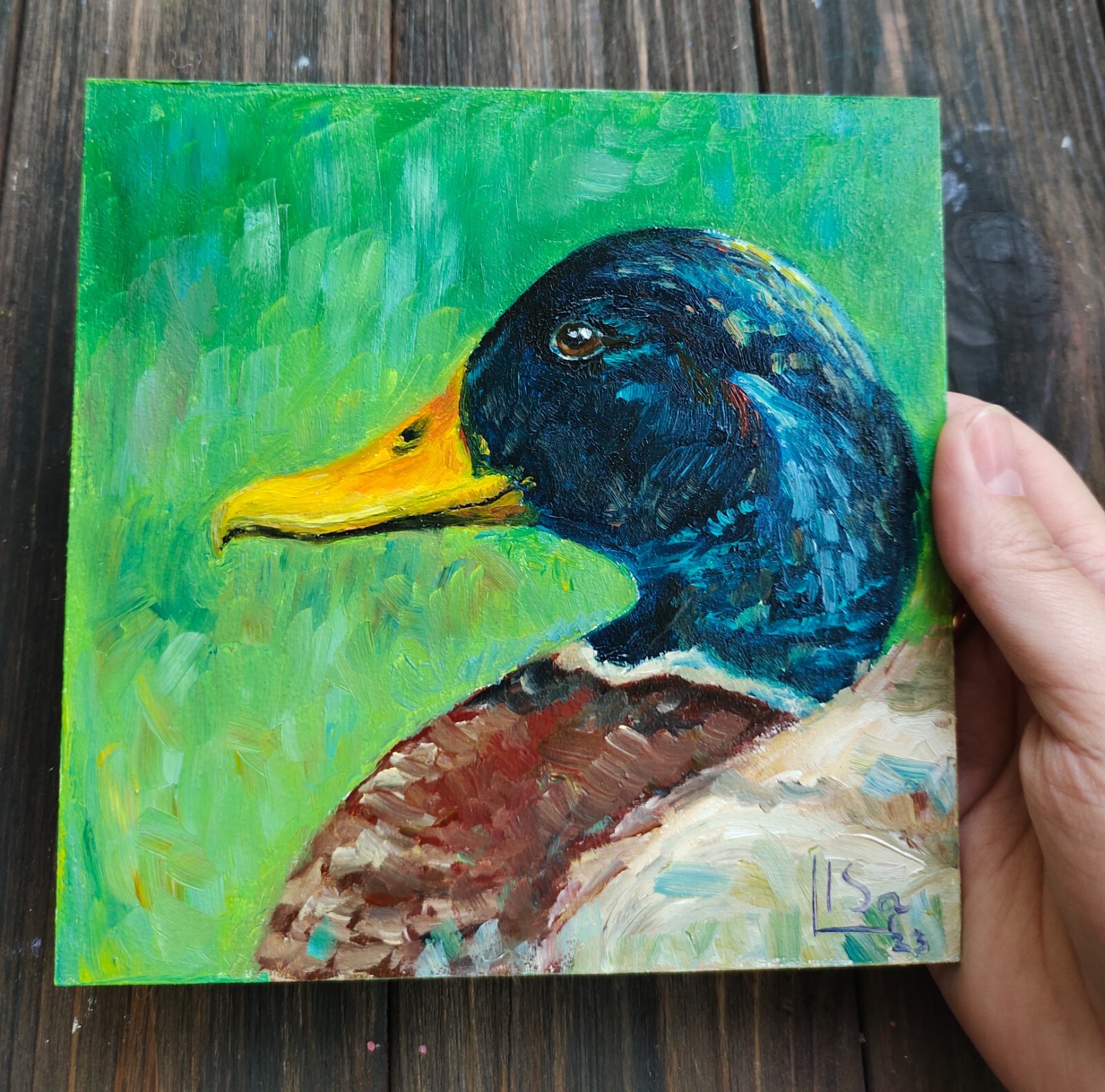 Miniature Oil Painting Duck Bird Art Original Painting Home Decor Wall Art 6″
