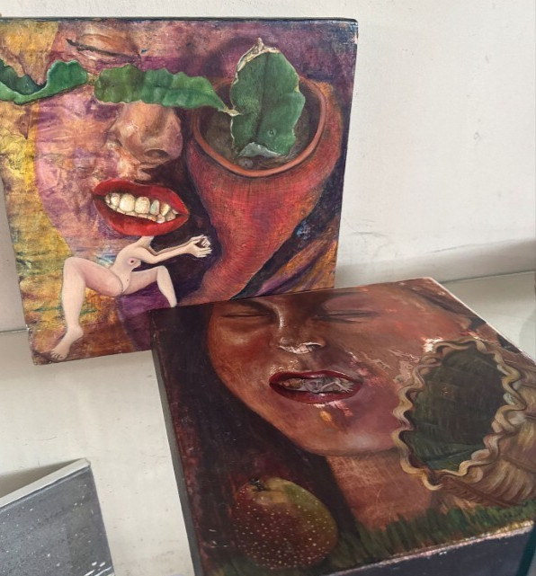 2 Surreal Psychedelic Oil Paintings, Wood by Lori Hanson-Perko Visionary Work 92