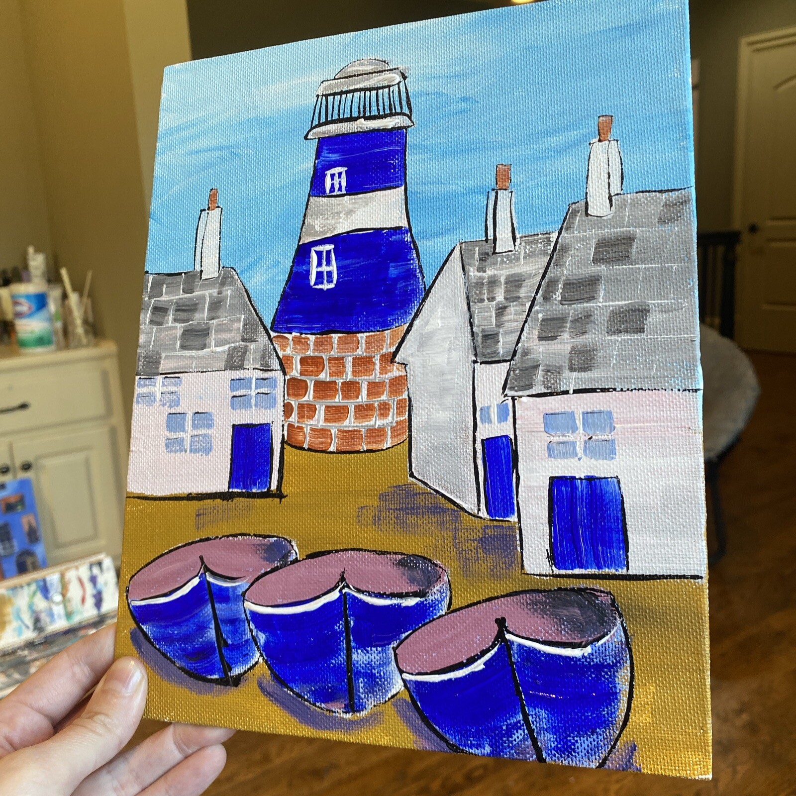 Ship,Boat,lighthouse,paintings on canvas Panel original 8/10, Abstract Seascape