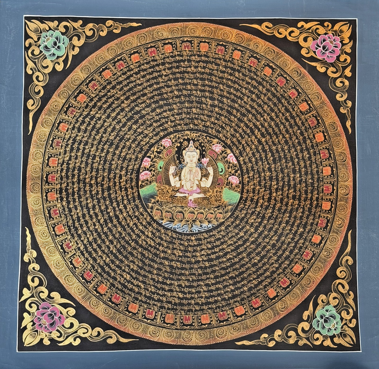 HAND-PAINTED OM MANI PADME HUM CHENREZIG MANDALA TIBETAN THANGKA PAINTING
