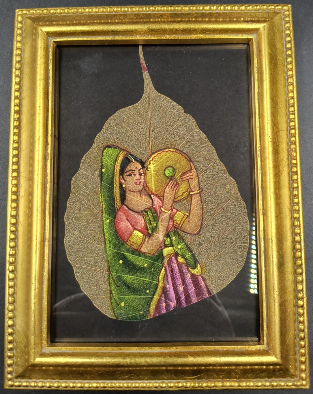 Hand Painted Oil Color on Skeleton Pipal Tree Leaf Indian Framed 8″x6.5″