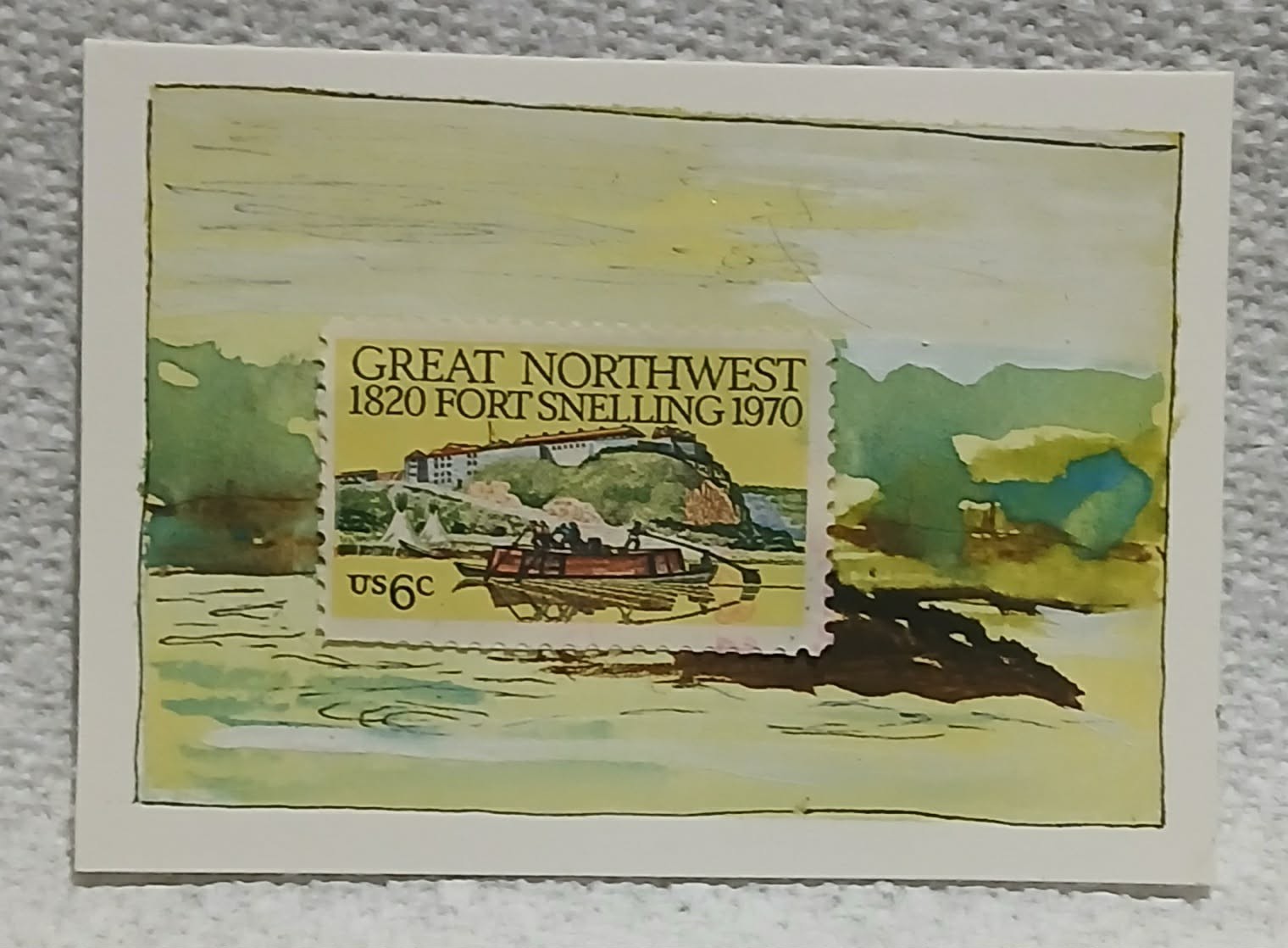 Postal Whimsy OOAK ACEO – 6¢ Great Northwest Fort Snelling Art by Virginia