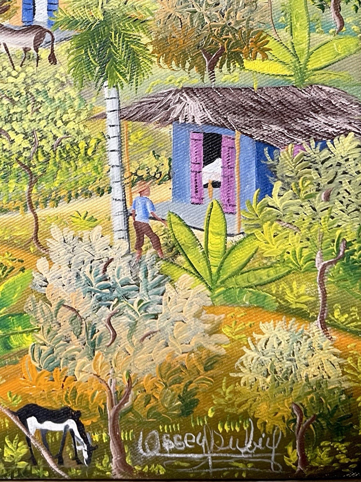 Vintage Ossey Dubic Haitian Folk Art Original Painting Village Life Landscape