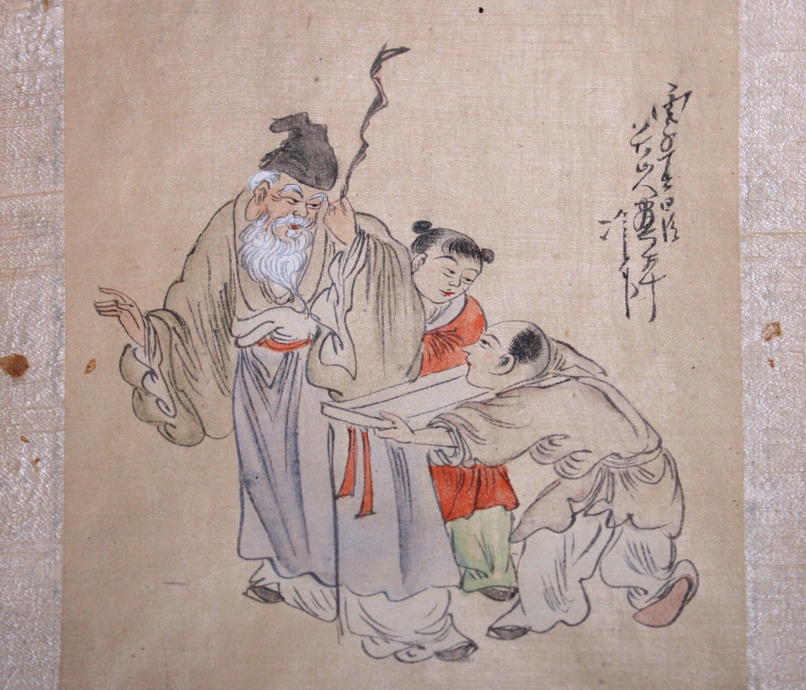 Chinese Painting on Silk Wise Man w Children Signed w Calligraphy Antique