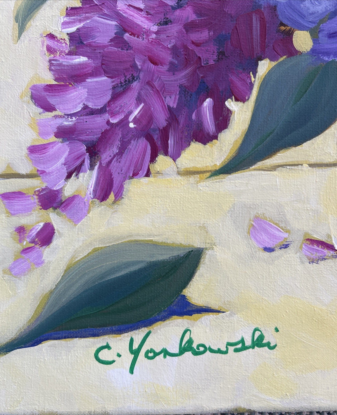 Acrylic Still Life Hydrangeas Lilacs Blue Purple Green Yellow Bold Serene Calm
