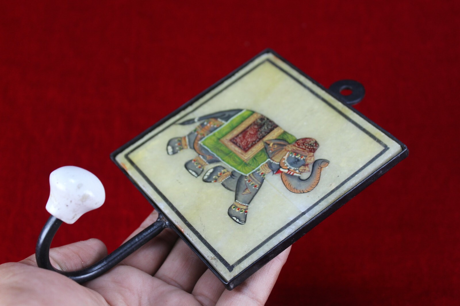 Iron Wall Hook with Hand-Painted Elephant Marble Tile Vintage Indian Home Decor