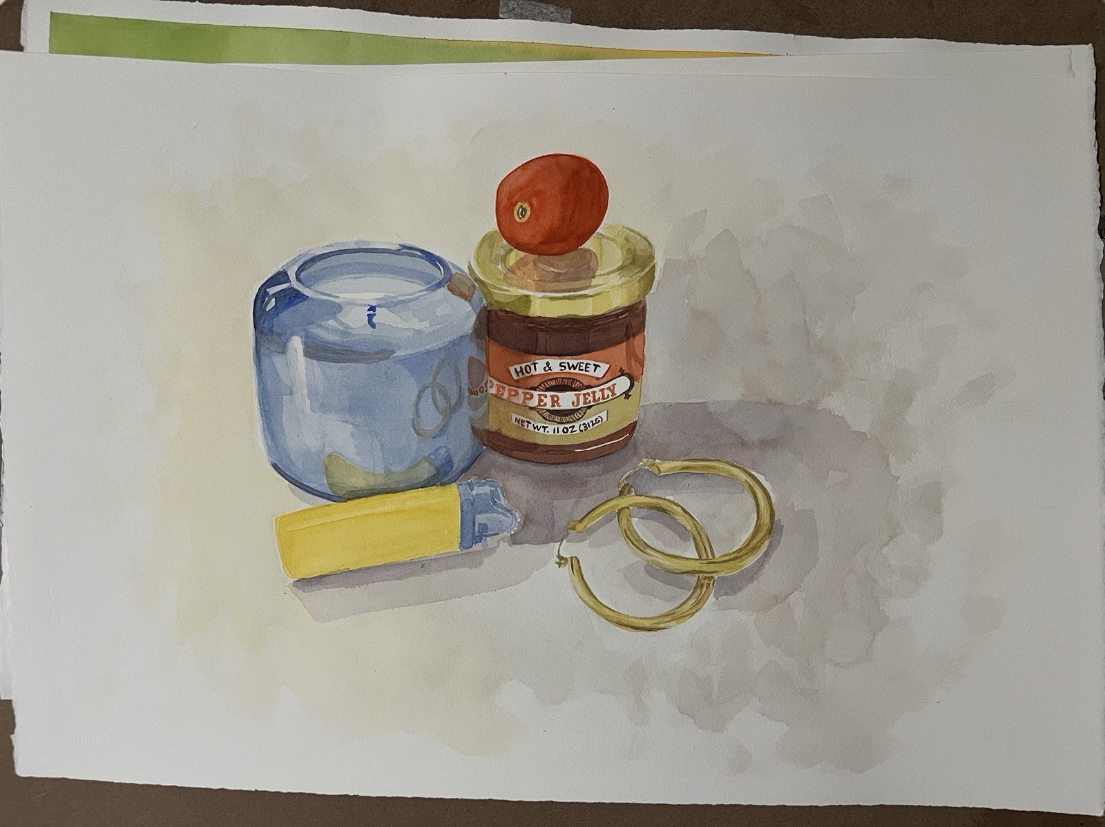 Still Life Watercolor Primary Colors 15×22” Candle Tomato Jam Lighter Earrings