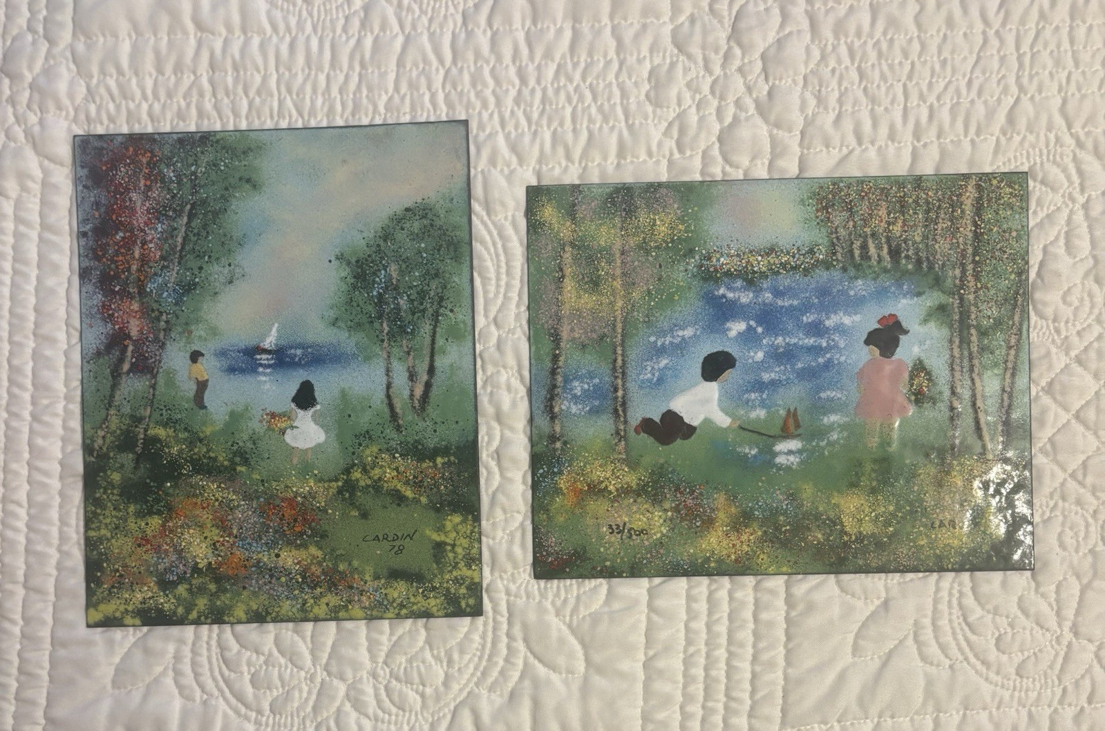 Set of 2 Cardin Signed 1978 Impressionist Children by Lake Painting Set Unframed