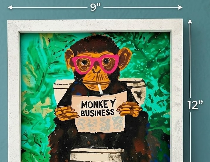 Hand-Painted Monkey Reading Newspaper Bathroom Art, Quirky Animal Print, Framed