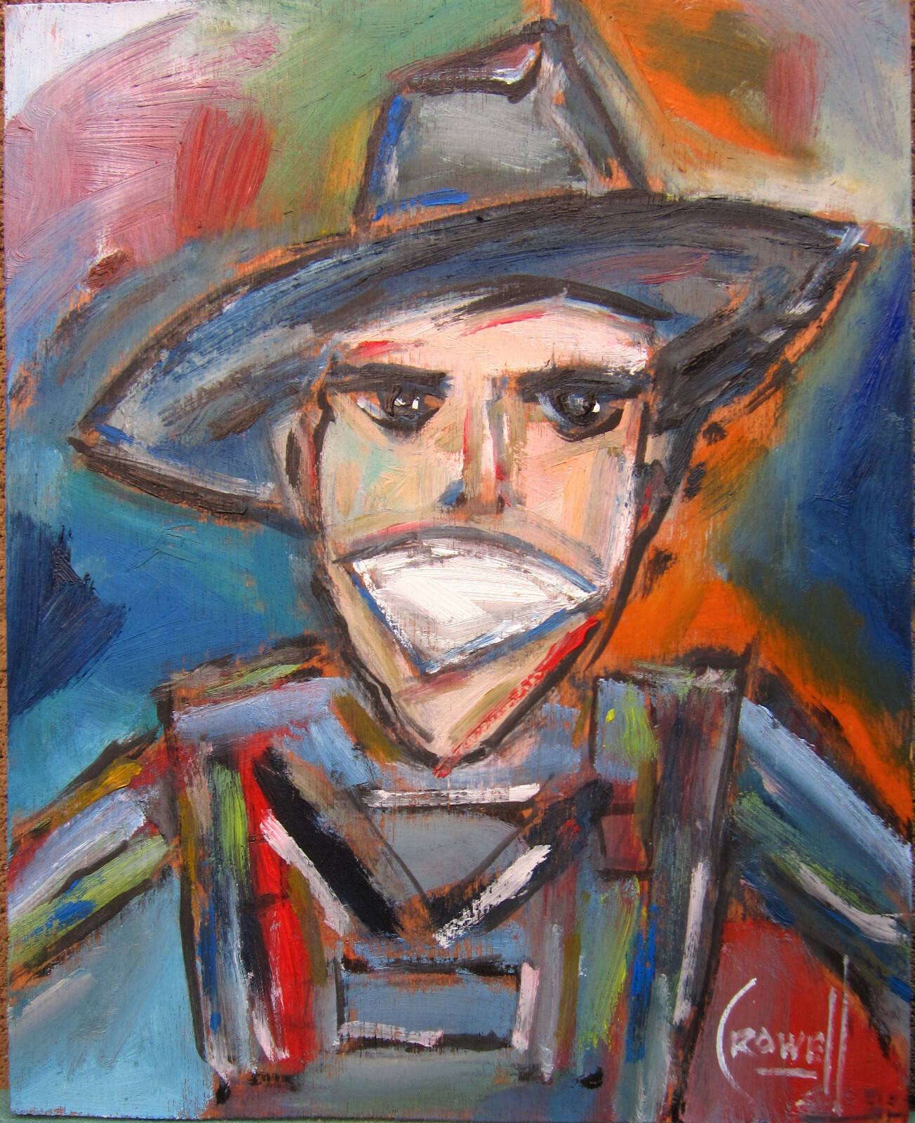 ODD FARMER strange new oil painting smile original art 8×10 Wood signed Crowell