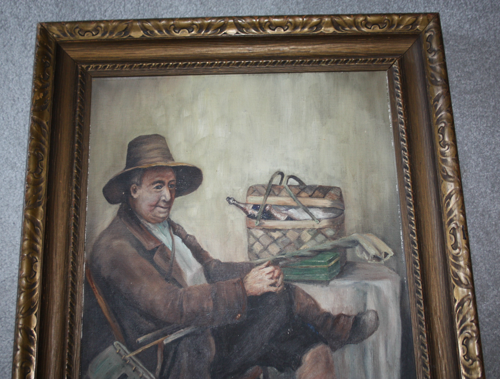 Waiting for the Fishing Party after LC Earle Vtg Antique Oil Painting Tobacco