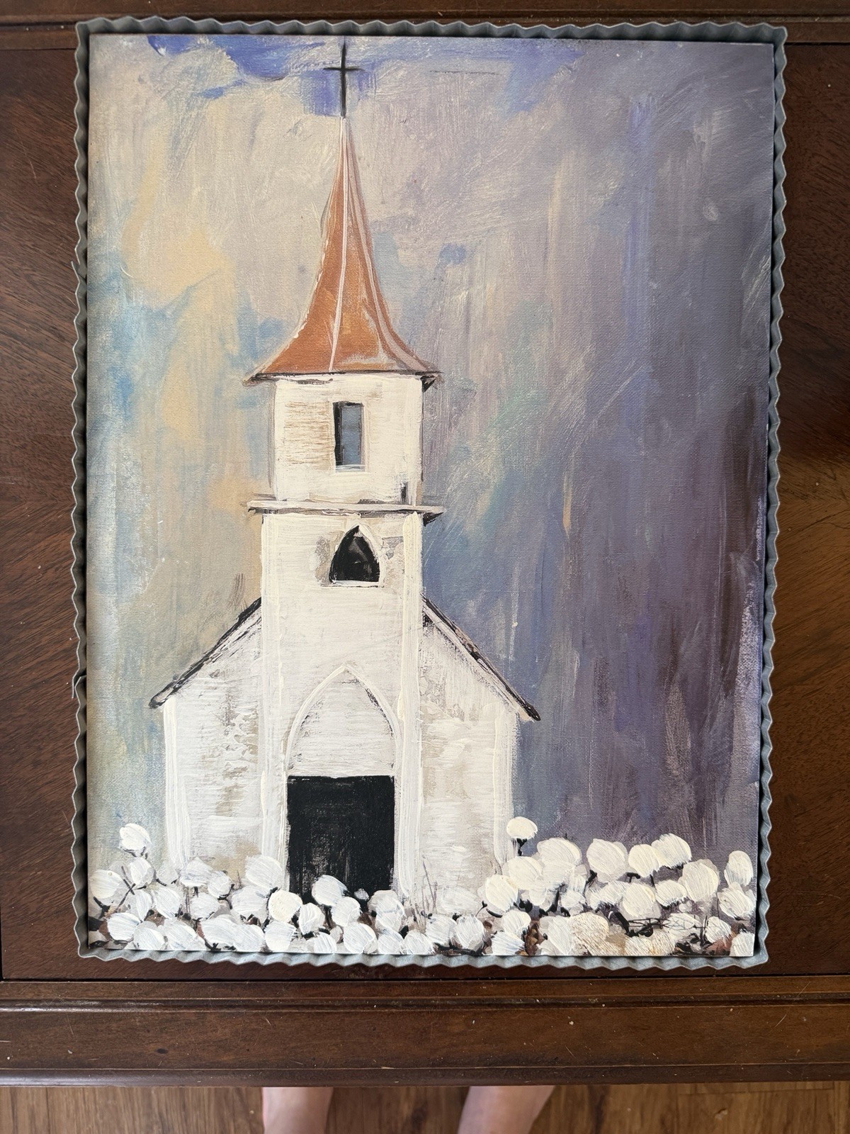 ORTC Church Steeple Blue White Painting Metal Frame Original Art