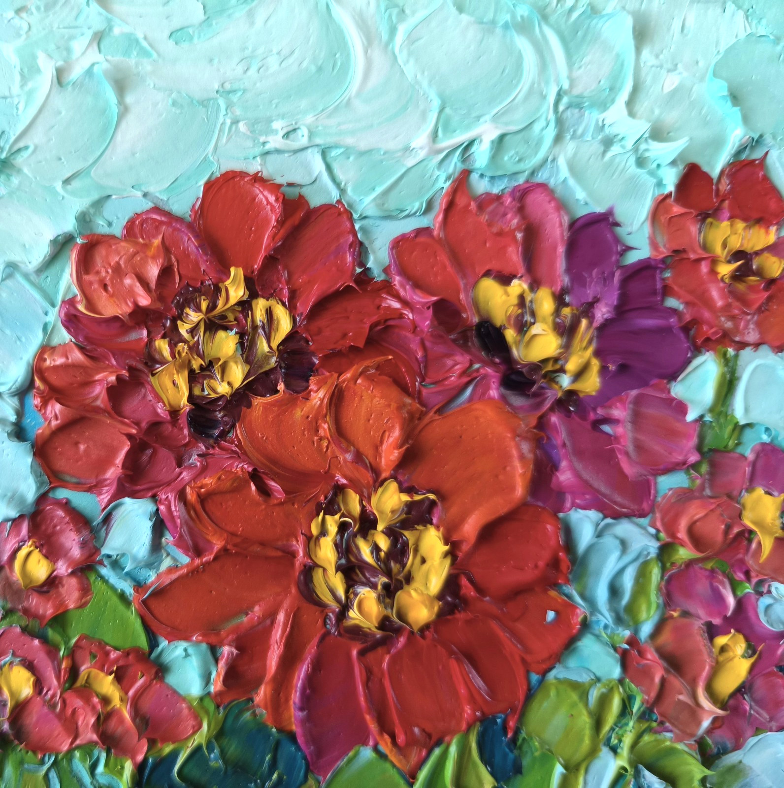 Miniature Original Oil Painting Zinnia Flowers Impasto Artwork on panel 4x4in