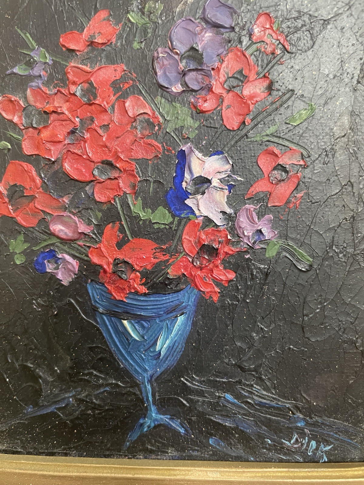 Vintage Framed Miniature Oil Painting On Board 6”x7”, Bouquet Of Flowers
