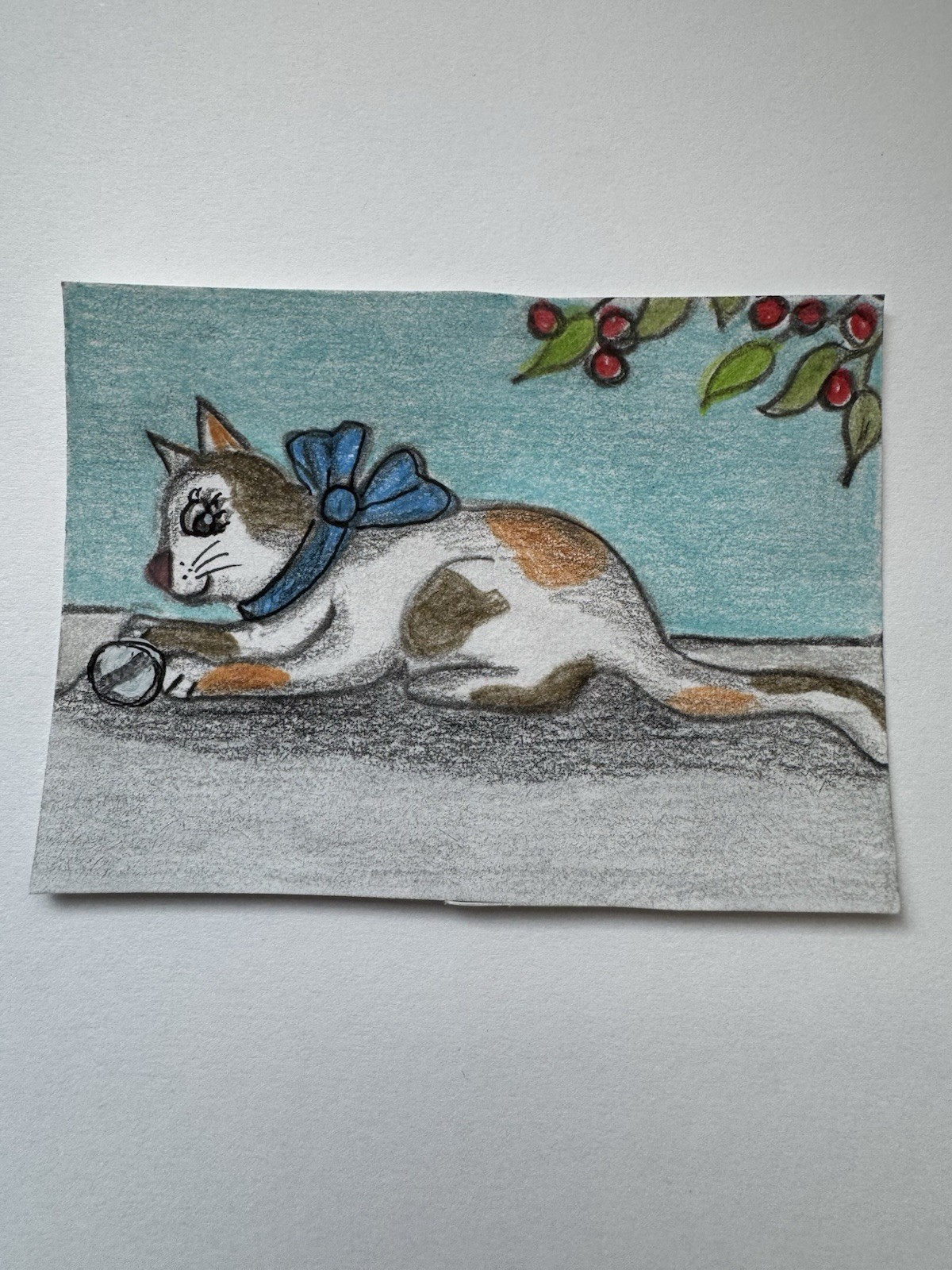 Aceo Original Art Trading Card, Sweet Calico cat, Playing, Art By Sommer Rayn
