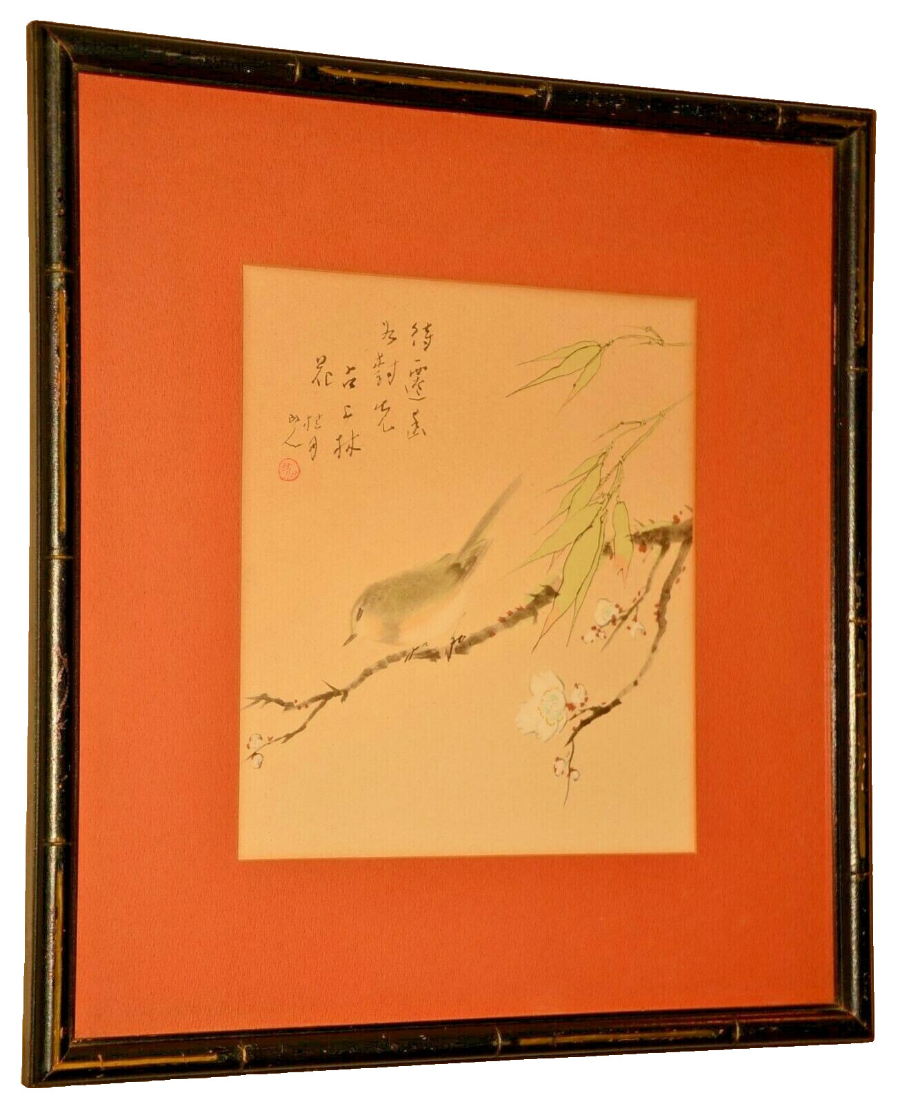 Antique Original Vintage Signed Chinese Floral Bird Portrait Watercolor Painting