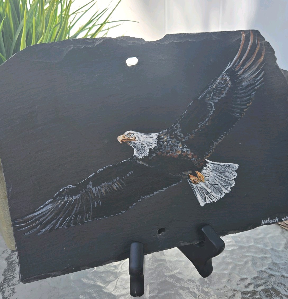 2000 Vintage Hand painted Eagle In Flight Natural Slate Art Signed by Artist