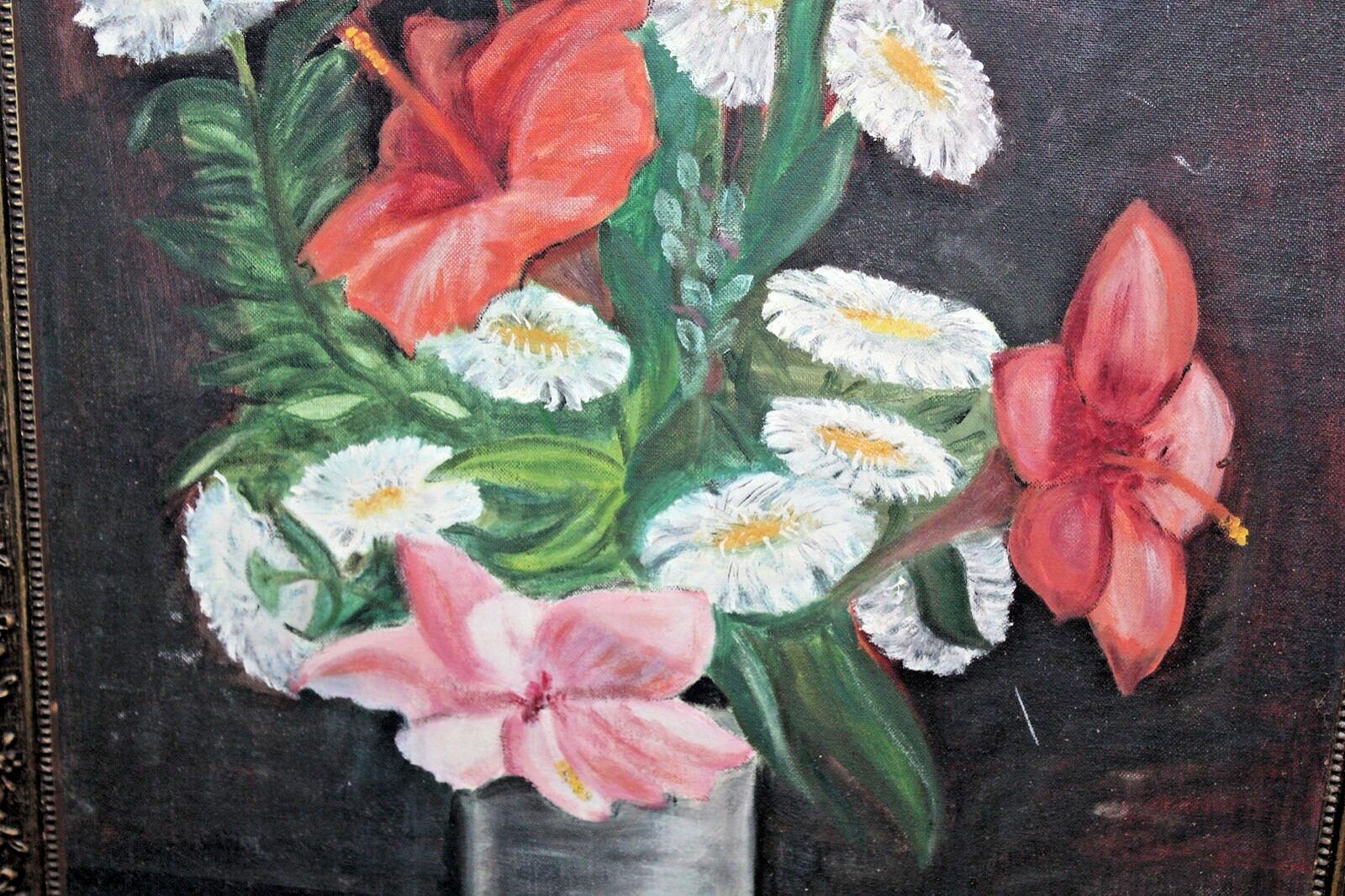 Vintage Flower Oil Painting Shabby Chic Colorful Flowers In Vase Framed