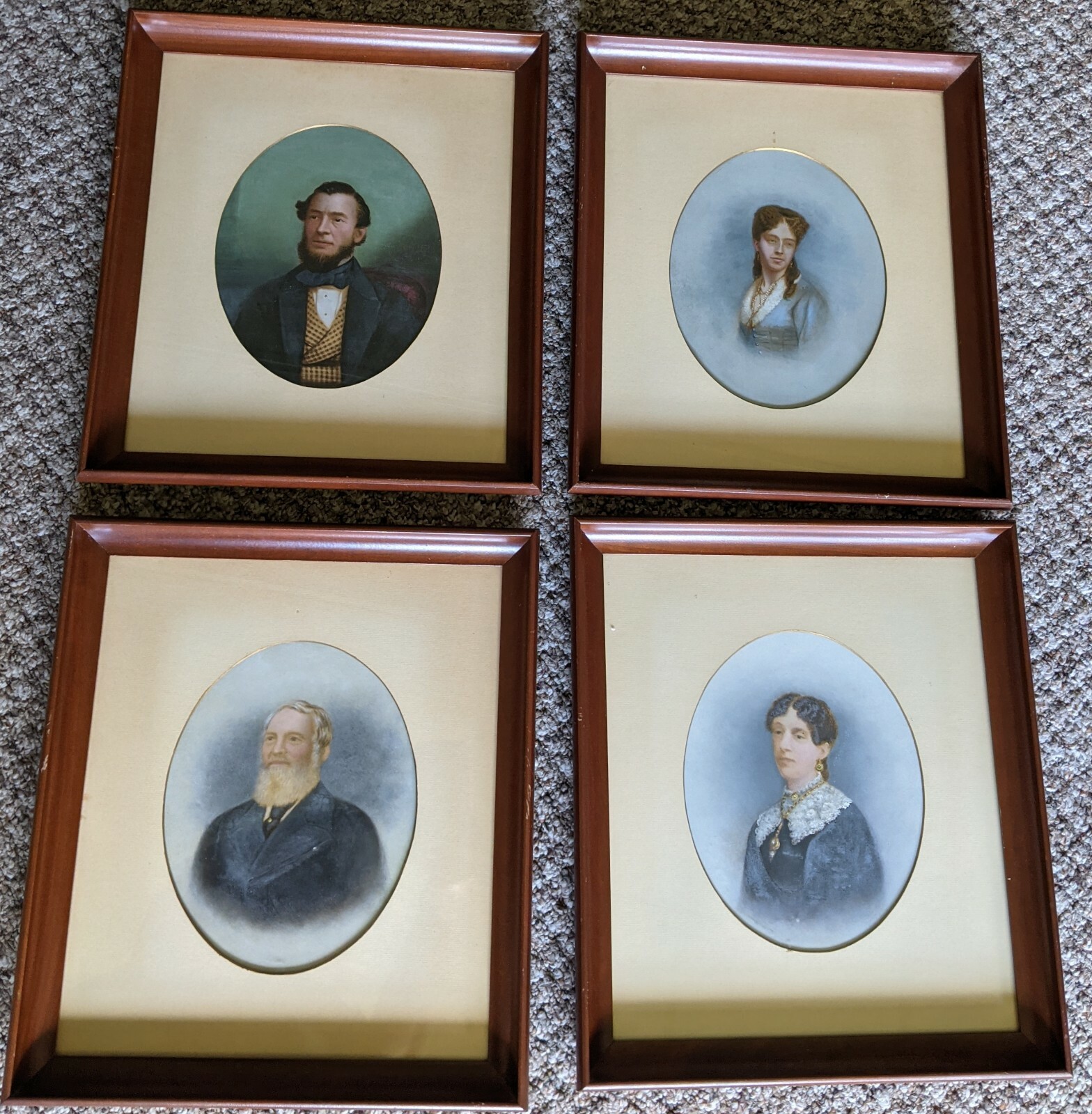 Antique 4 Oil Painting Portraits Family Louisville KY Bearded Man Wife Children