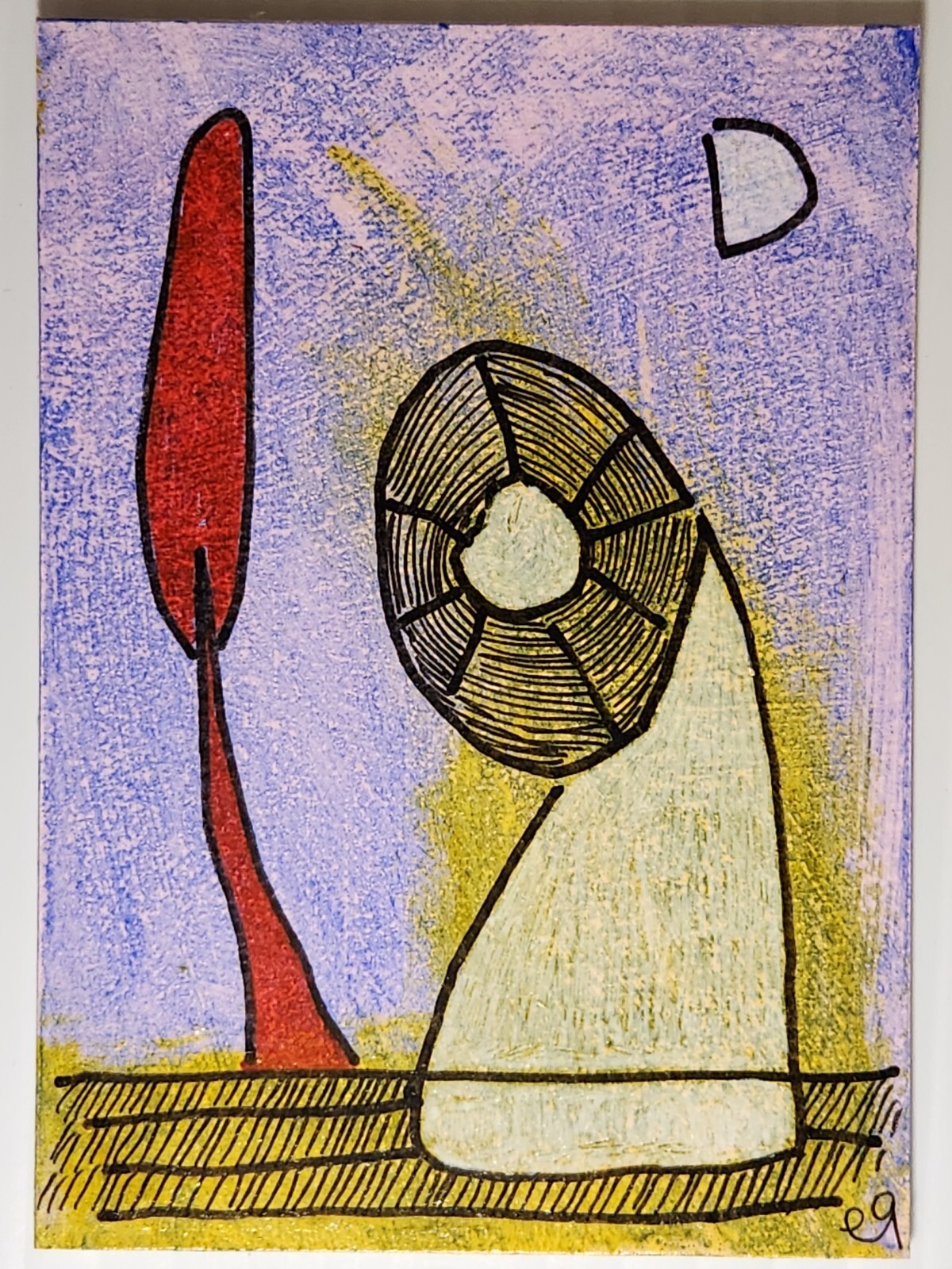 e9Art ACEO pillar, tree, moon outsider art brut naive