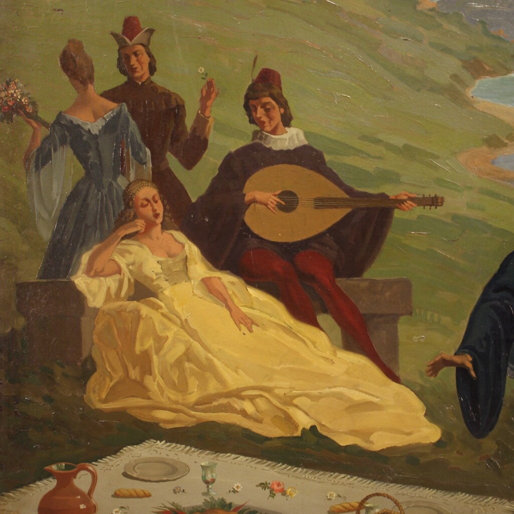 Dated painting framework landscape oil on masonite characters antique style 900