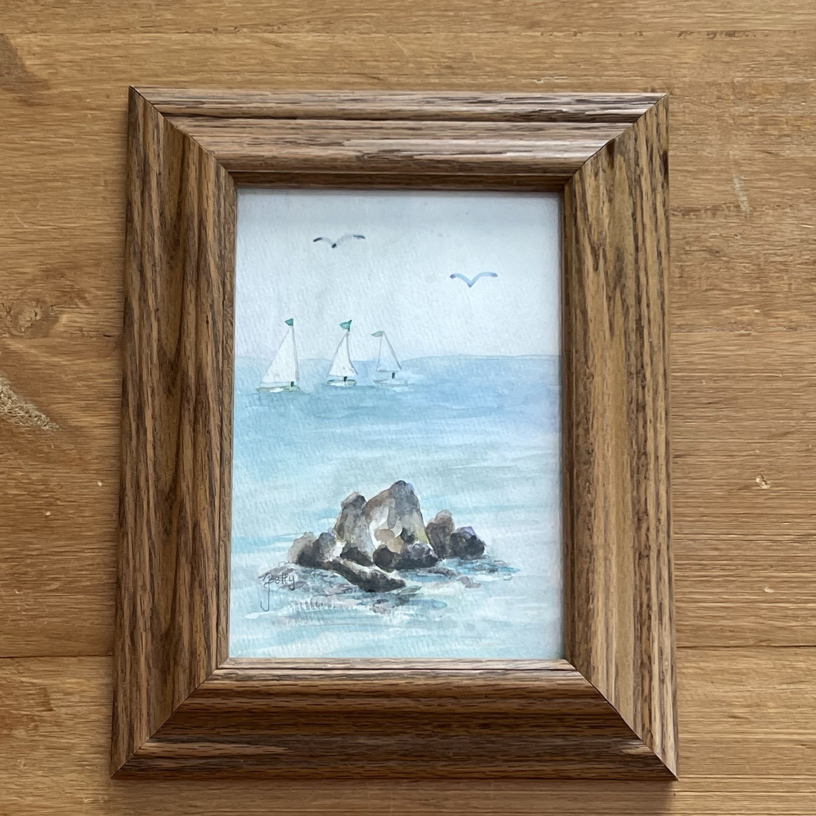 Vintage Framed Seascape Watercolor Painting Signed Betty Sailboats Coastal 5X7