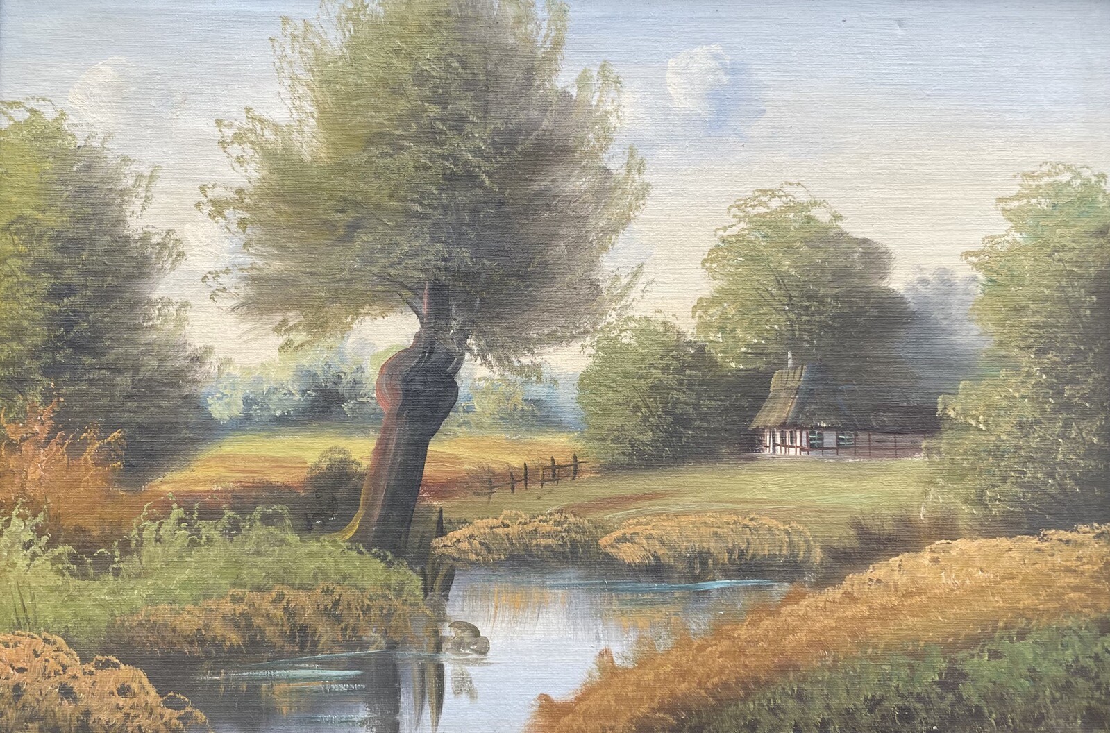 Impressionist Landscape With Thatched Cottage By The River Oil Painting