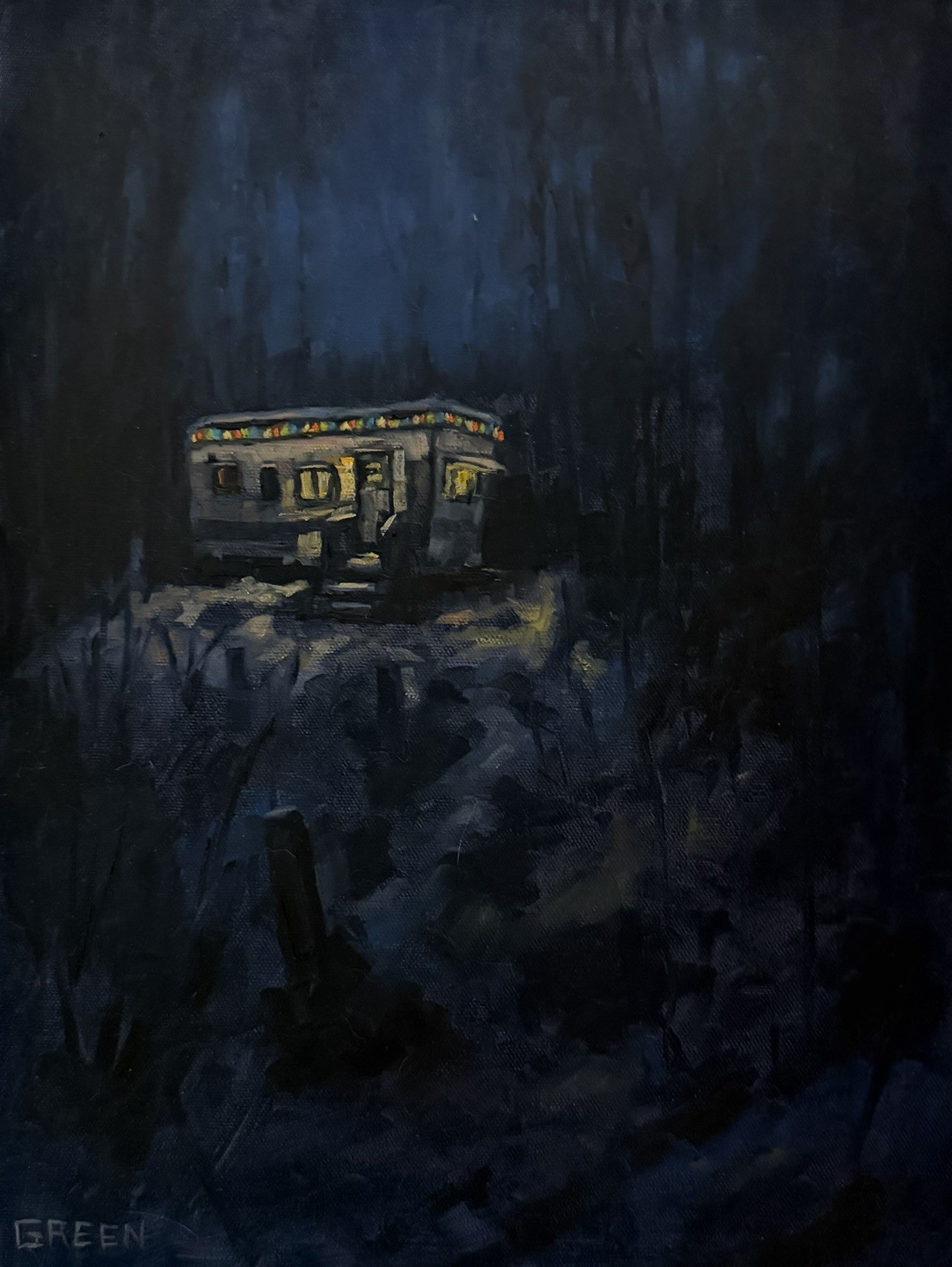 Winter Snow Nocturne Christmas Lights Art Original Oil Painting By Daniel Green