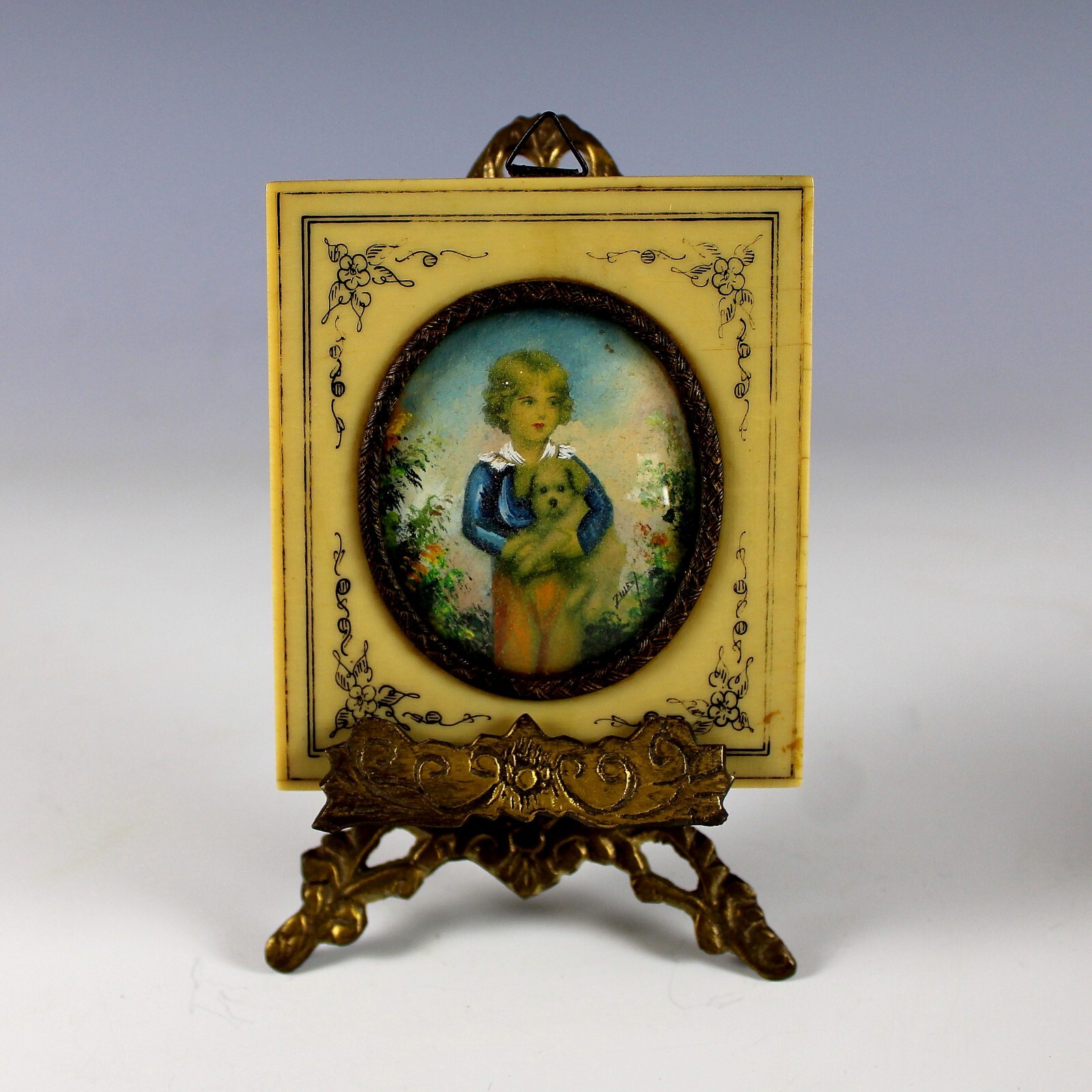 Antique Miniature Portrait of a young Boy Dog Overpainted Print on Celluloid