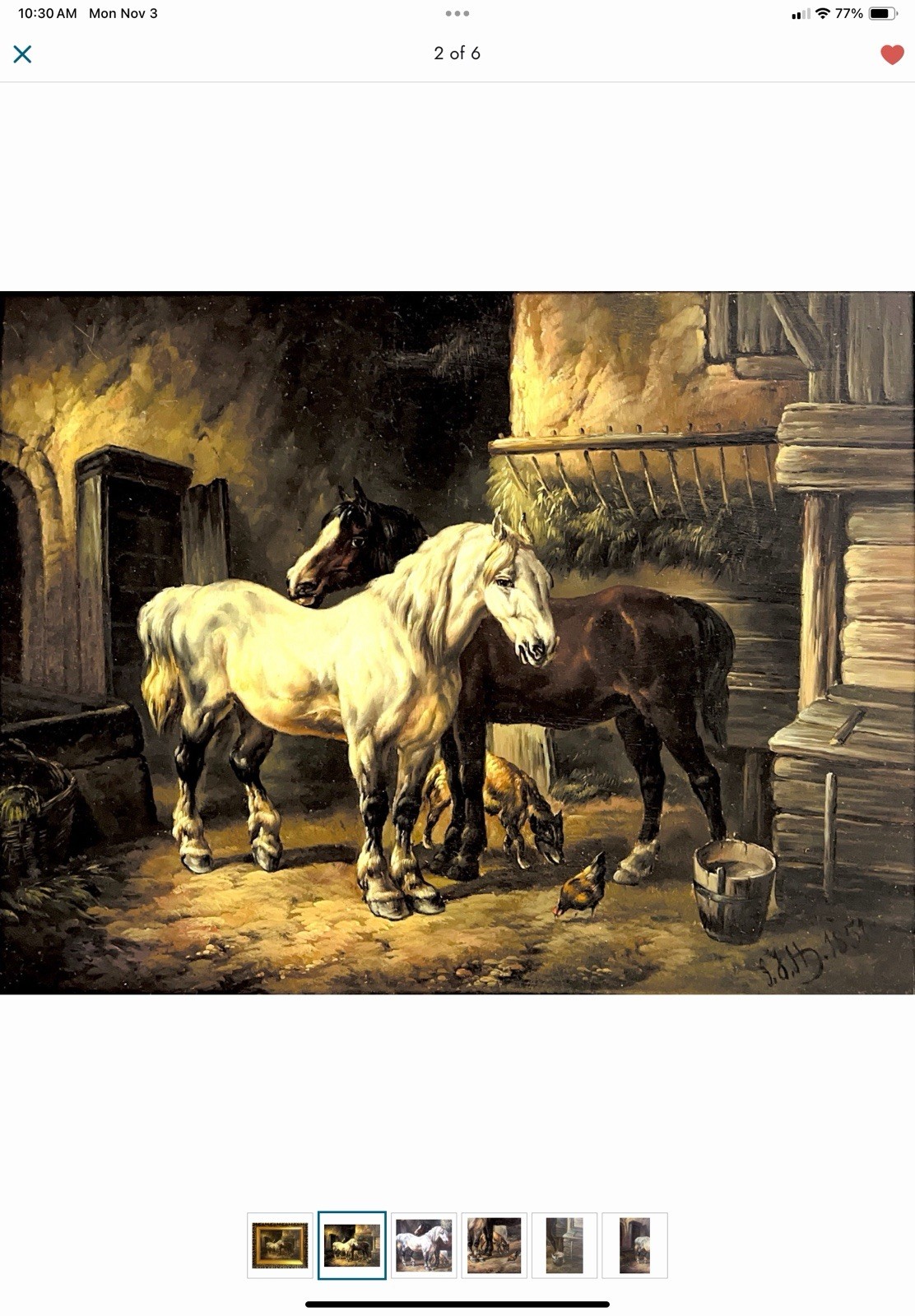 John Frederick Herring, Jr Original Stable Scene Oil Painting On Wood Panel