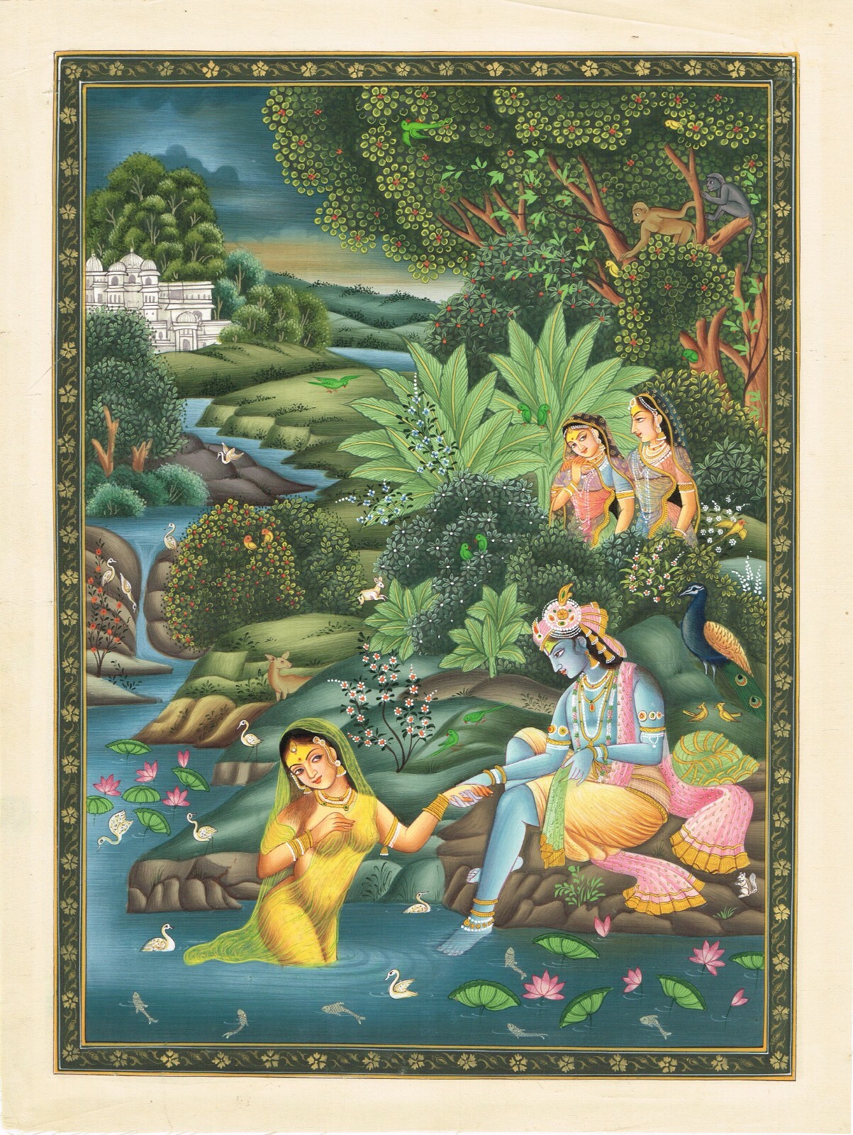 Radha Krishna Painting Of Krishna Radha In Love Scene Art On Cloth 11×15 Inches
