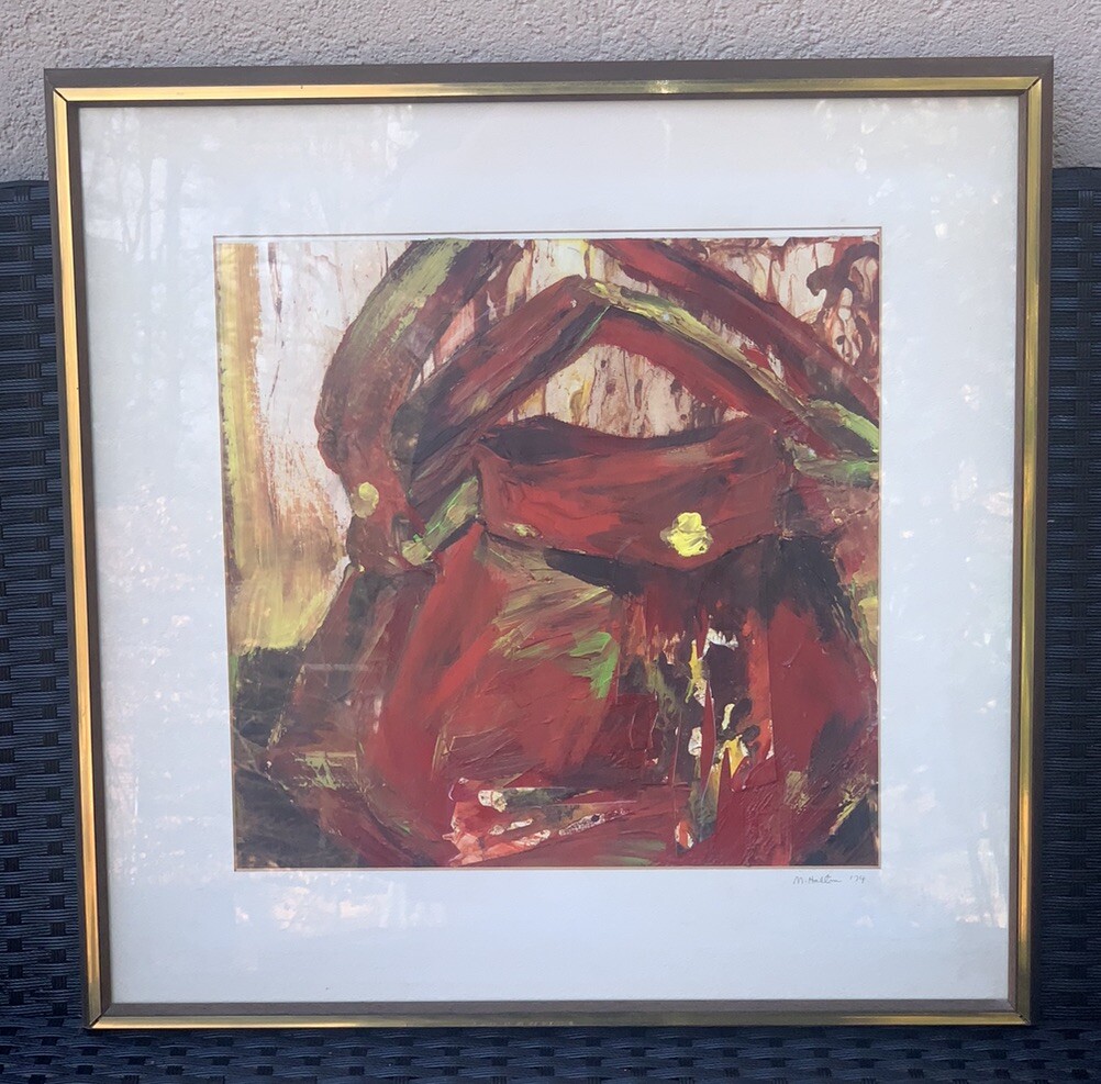 VTG ‘74 Original M Holton Abstract Collag 21 1/8”Sq Red Yellow Grn Brown Framed