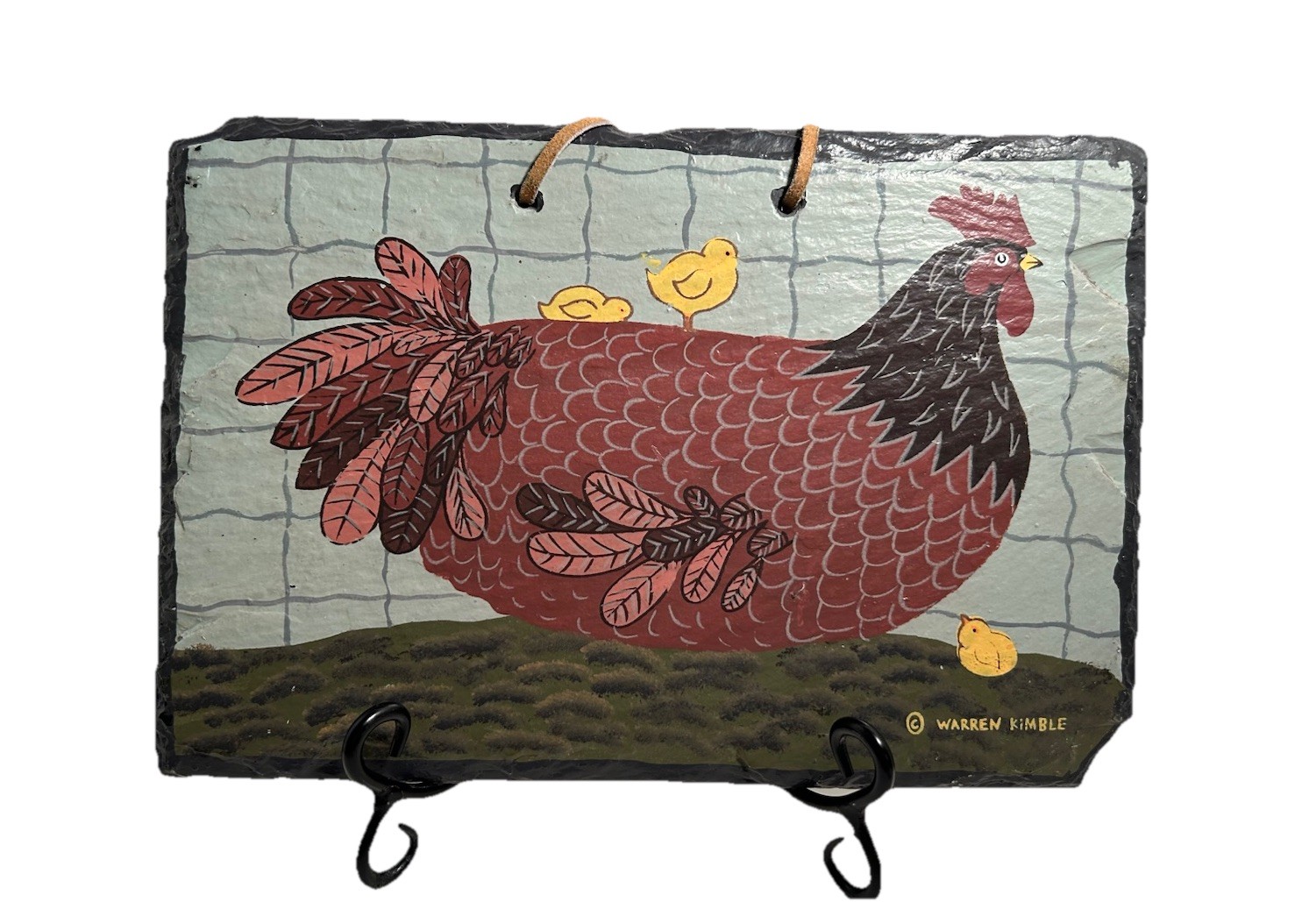 Handmade Warren Kimble Vintage Chicken Painting Slate Farm Traditional Folk Art
