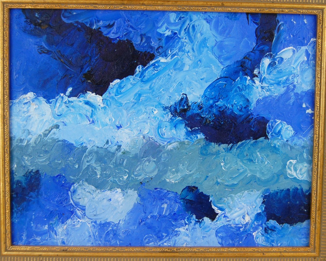 Framed Oil on Board Impressionist Abstract Blue Waves Seascape Painting 14X11